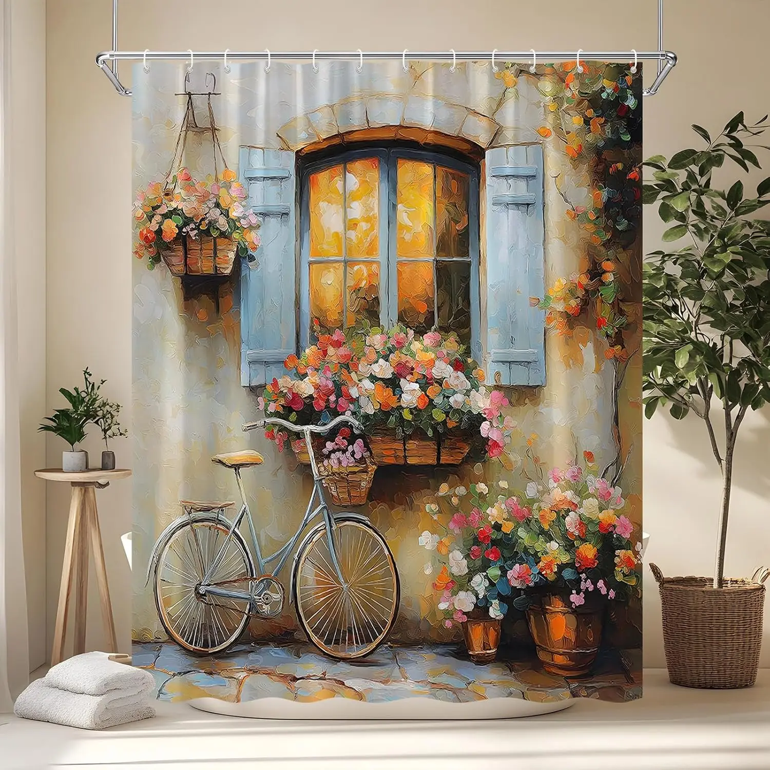 Italian Shower Curtain Tuscany Country Floral Rustic Garden Nature Farmhouse Flower Plant Landscape Romantic Mediterranean