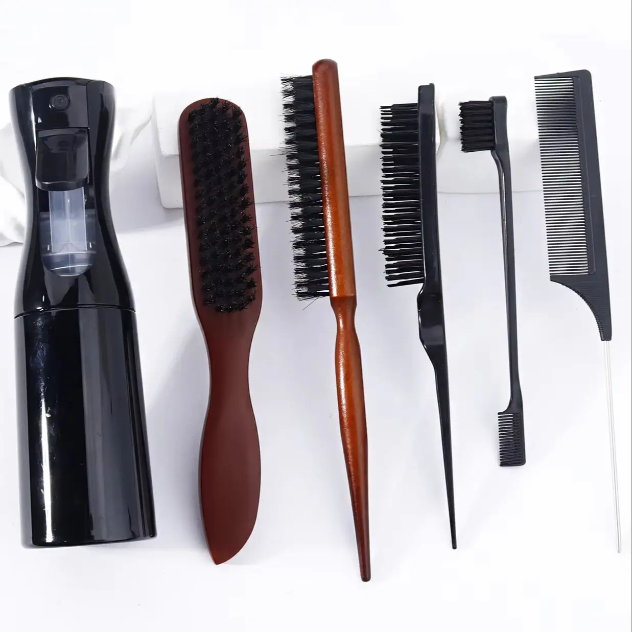 مجموعة أدوات صالون مكونة من 6 قطع، مع زجاجة رذاذ، فرشاة إغاظة عالية الجودة، مشط ذيل، فرشاة تحكم في الحواف خاصة بشعر مستعار حقيقي