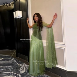 Xijun Green Glitter Evening Dresses One Shoulder Saudi Arabric Prom Dresses Cape Sleeves Formal Occasion Prom Gowns Customized