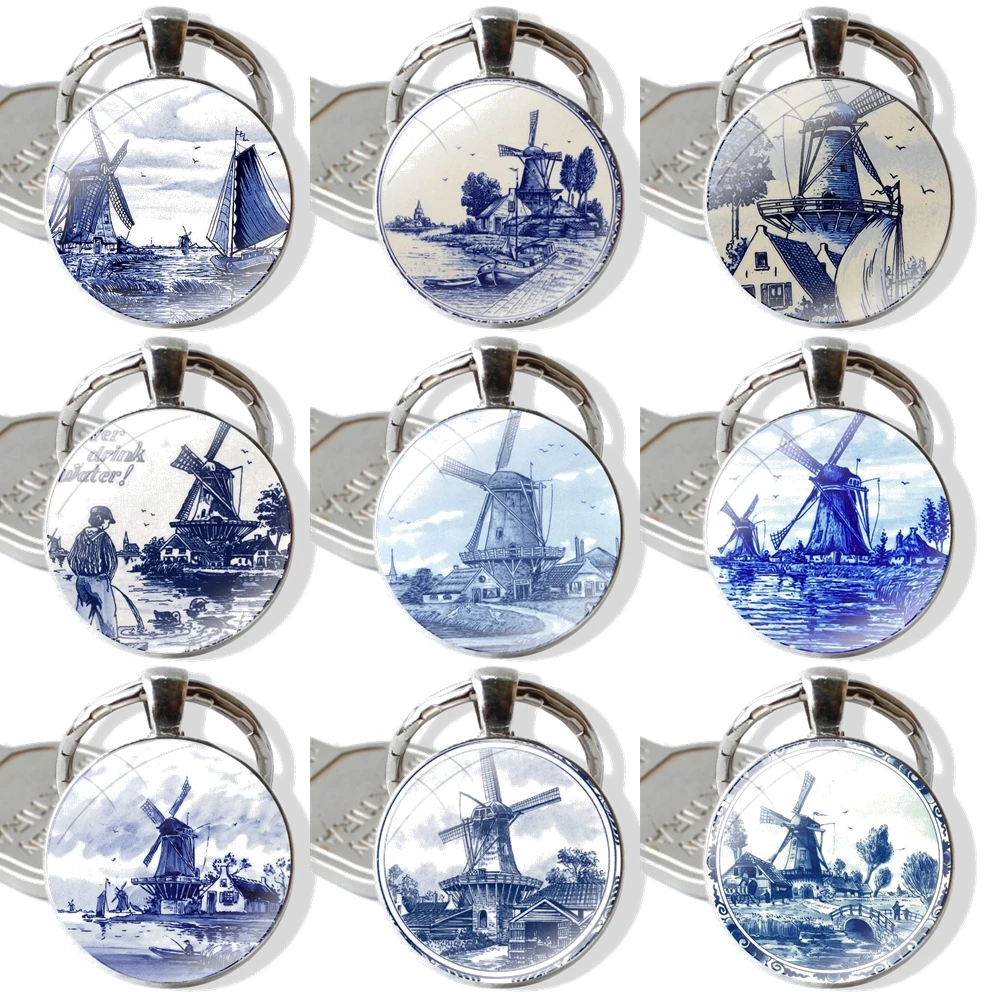 Dutch Blue Delft Vintage Sailboat Windmills Keychain Handmade Glass Cabochon Key Ring Holder Pendant Key Chains