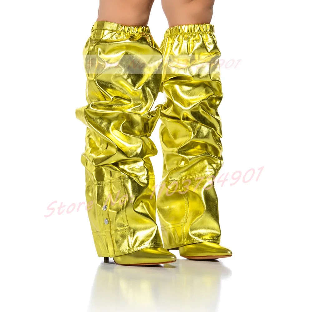 

Yellow Metallic Leather Foldover Boots Female Nightclub Pull-On Pointy Toe Knee Length High Heels Boots Women Party Trendy Boots