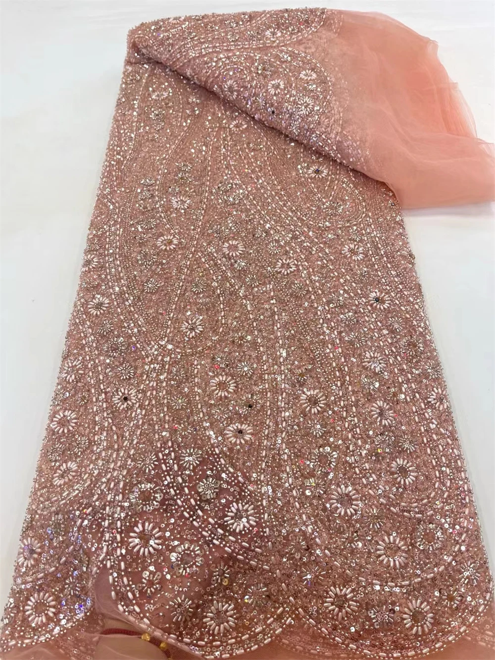 NigWin-Tissu Africain en Dentelle avec Perles Faites à la Main, Paillettes de Haute Qualité, Broderie Roses, pour la Couture de Robes, Luxueux, 2024