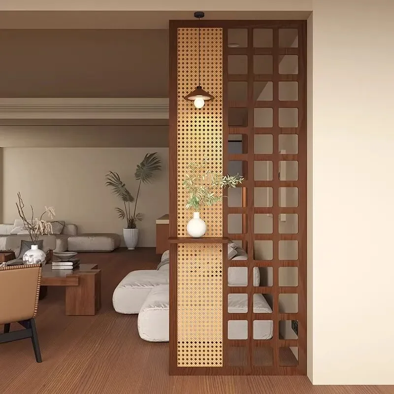 for Solid Wood Screen Partition Living Room Entryway Porch Divider Retro Style Floor to Ceiling Rattan Shelf for Home Use