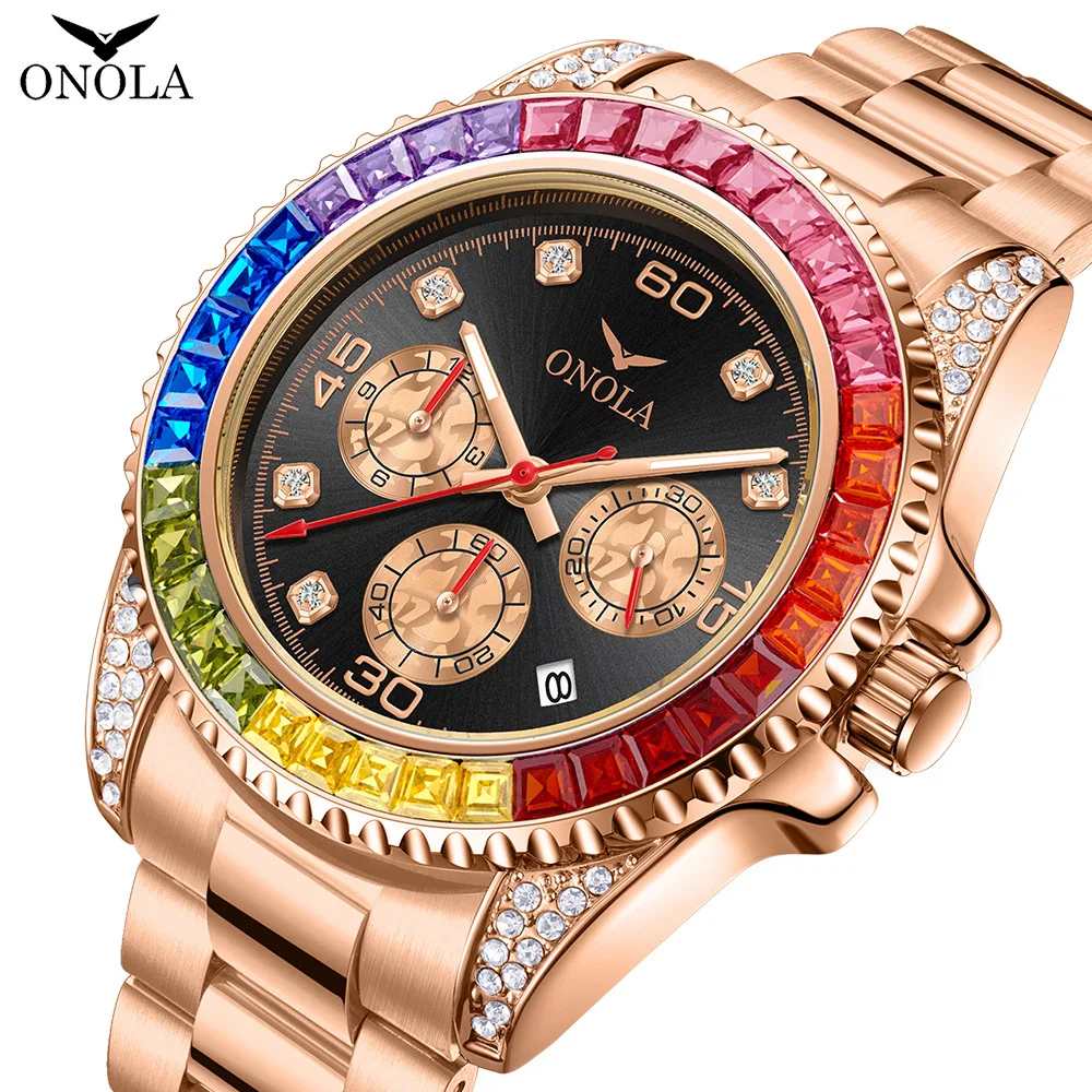 ONOLA Fashion Iced Watch For Men Luxury Square Rainbow Diamond Quartz Watches Rose Stainless Steel Dress Wristwatch Man Reloj