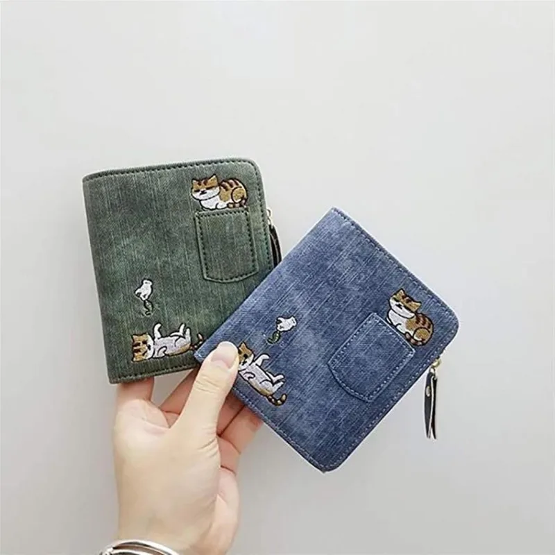 Cute Cartoon Cat Embroidery Bifold Purse Card Cash Holder Women PU Short Wallet