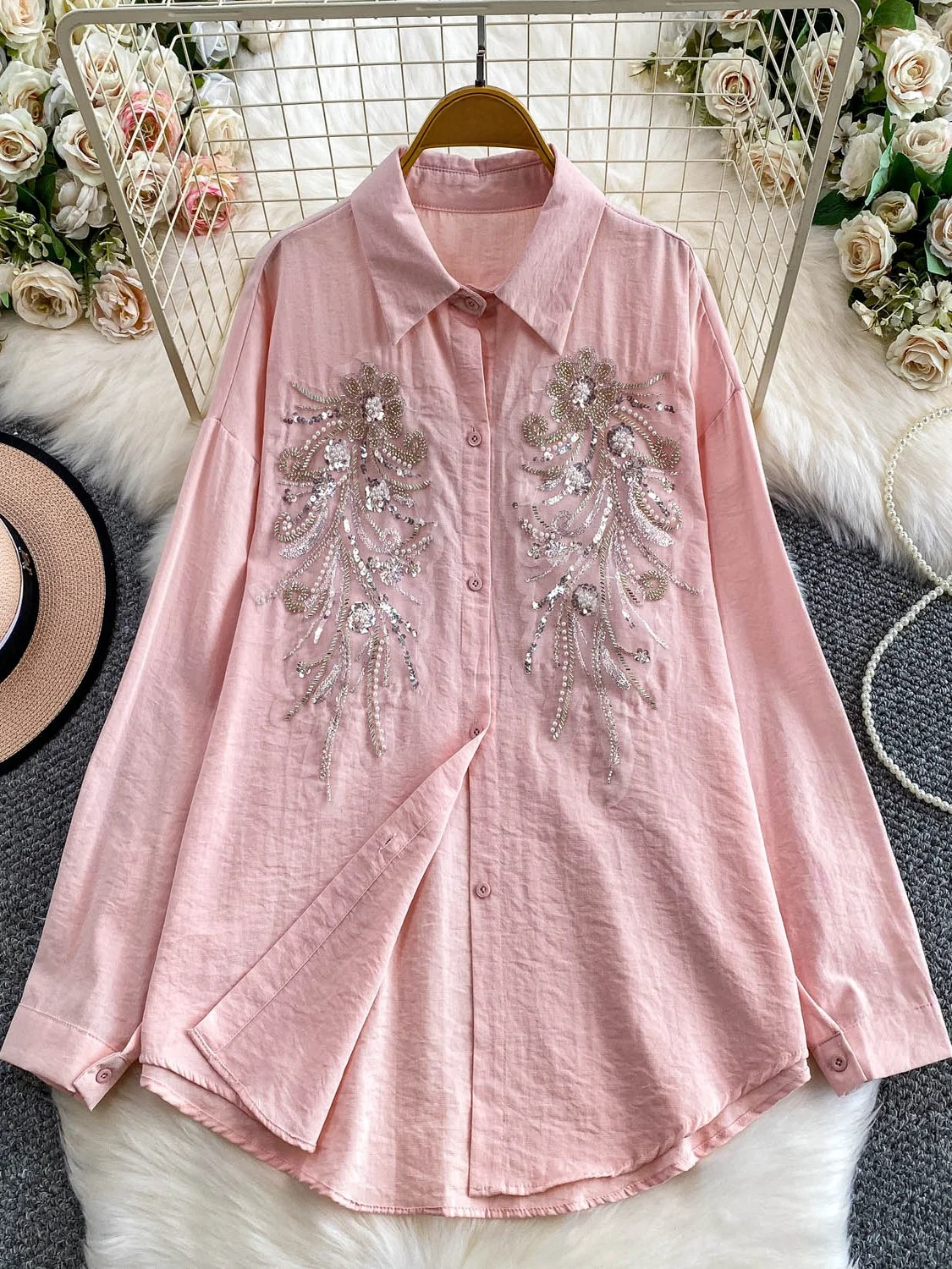 

Sun Protection Long Sve Women's Outerwear Heavy Embelliment Sequin Loose irt Versatile Autumn Winter Faionable irt