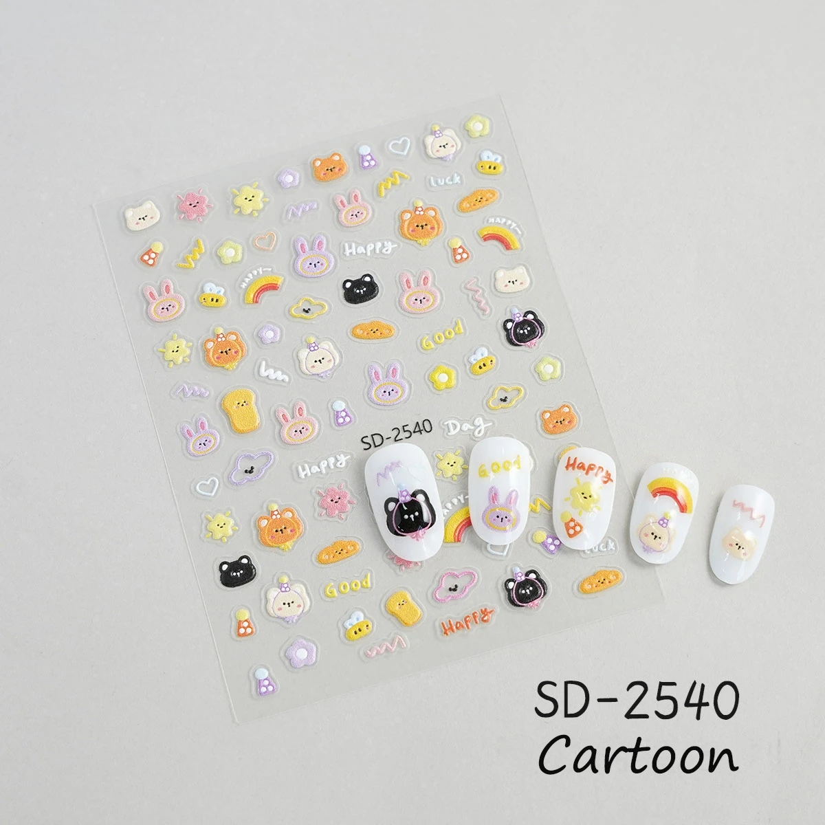 3/6/12 Blatt süße Nagelaufkleber 5D Cartoon Hase Katze Bär Essen Herz Schleife Gelee geprägt selbstklebende Kawaii Nail Art Aufkleber