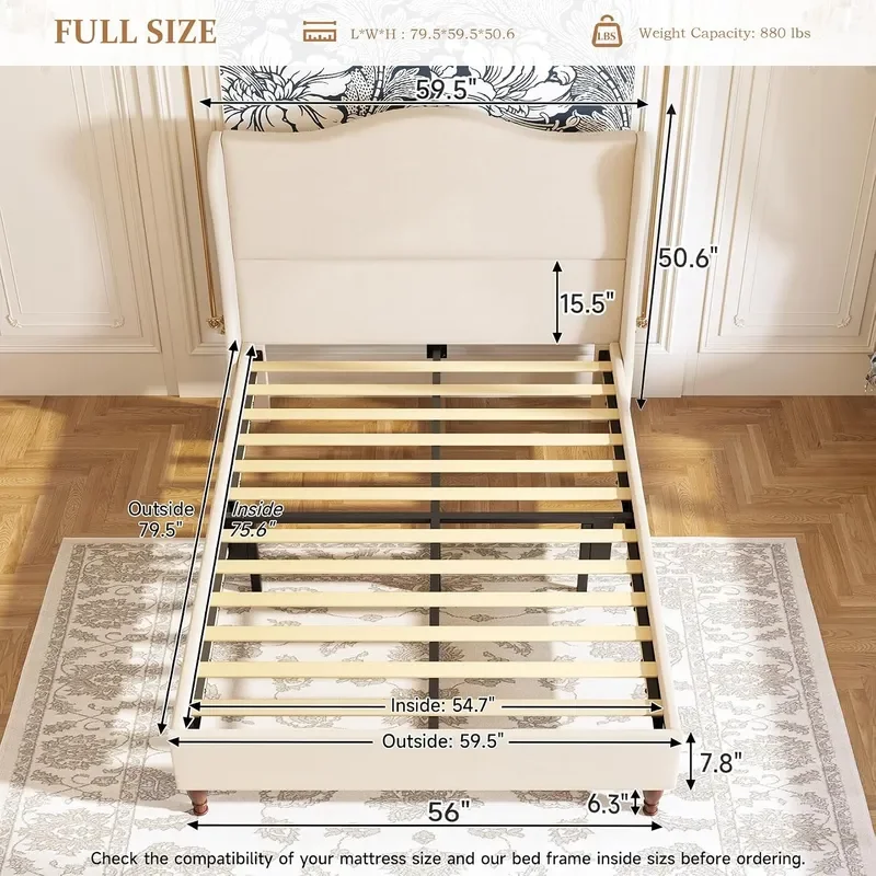 Full Size Bed Frame Upholstered Platform Bed with 51 Inch Tall Headboard Wingback Soft Fabric Retro Simple Style Platform Bed