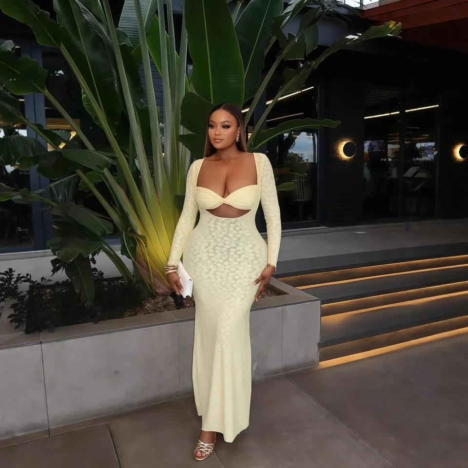 Women's dress Long Sleeve Wrap Chest Tight One-Step Dress Autumn Women Sexy Hollow Out Slim Banquet Party Long Robe Evening Gown