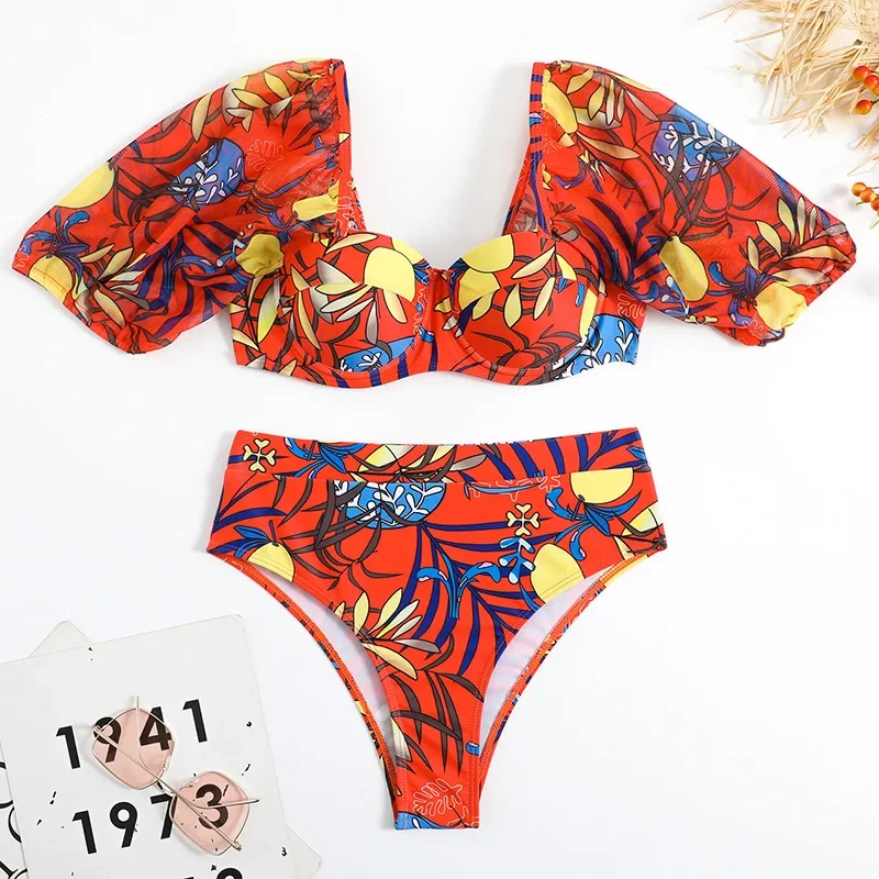 Maillot de bain femmes 2023 Sexy imprimé fleuri Bikini support en acier Push Up manches courtes 2 pièces col carré maillots de bain plage maillot de bain