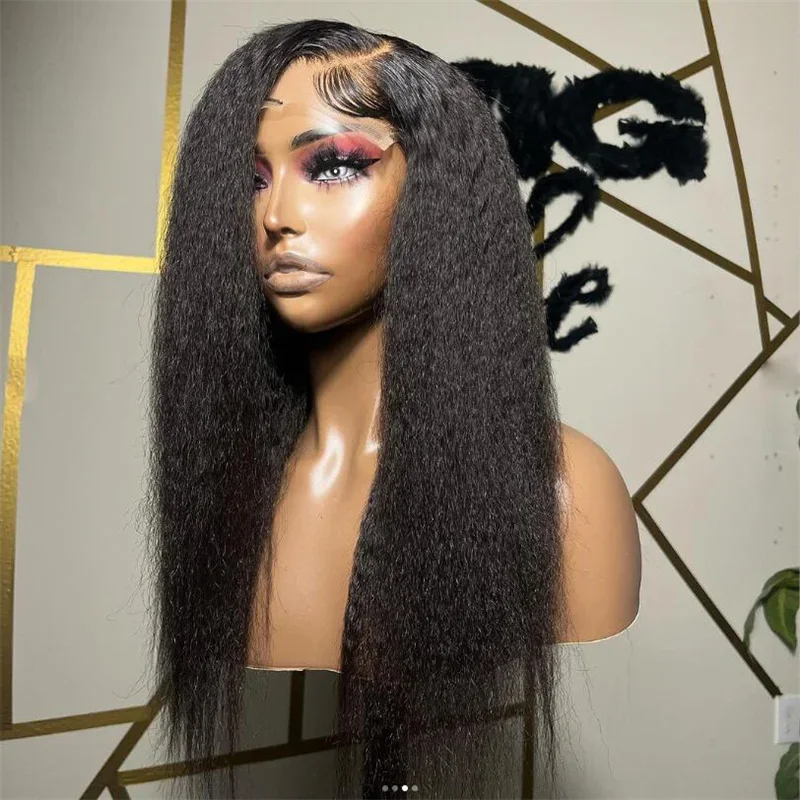 Yaki 26Inch Soft Preplucked black Color 180Density kinky straight Lace Front Wig Synthetic Baby Hair Glueless Daily Wear Wig