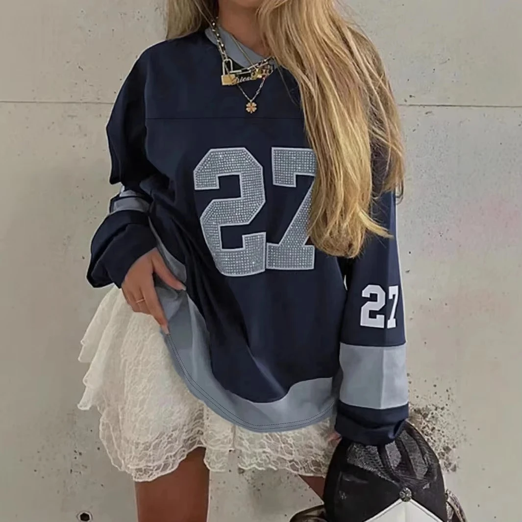 American Style Spliced Digital Printed Jersey with Contrasting Color T-shirt, Personalized Spicy Girl V-neck Long Sleeved Shirt