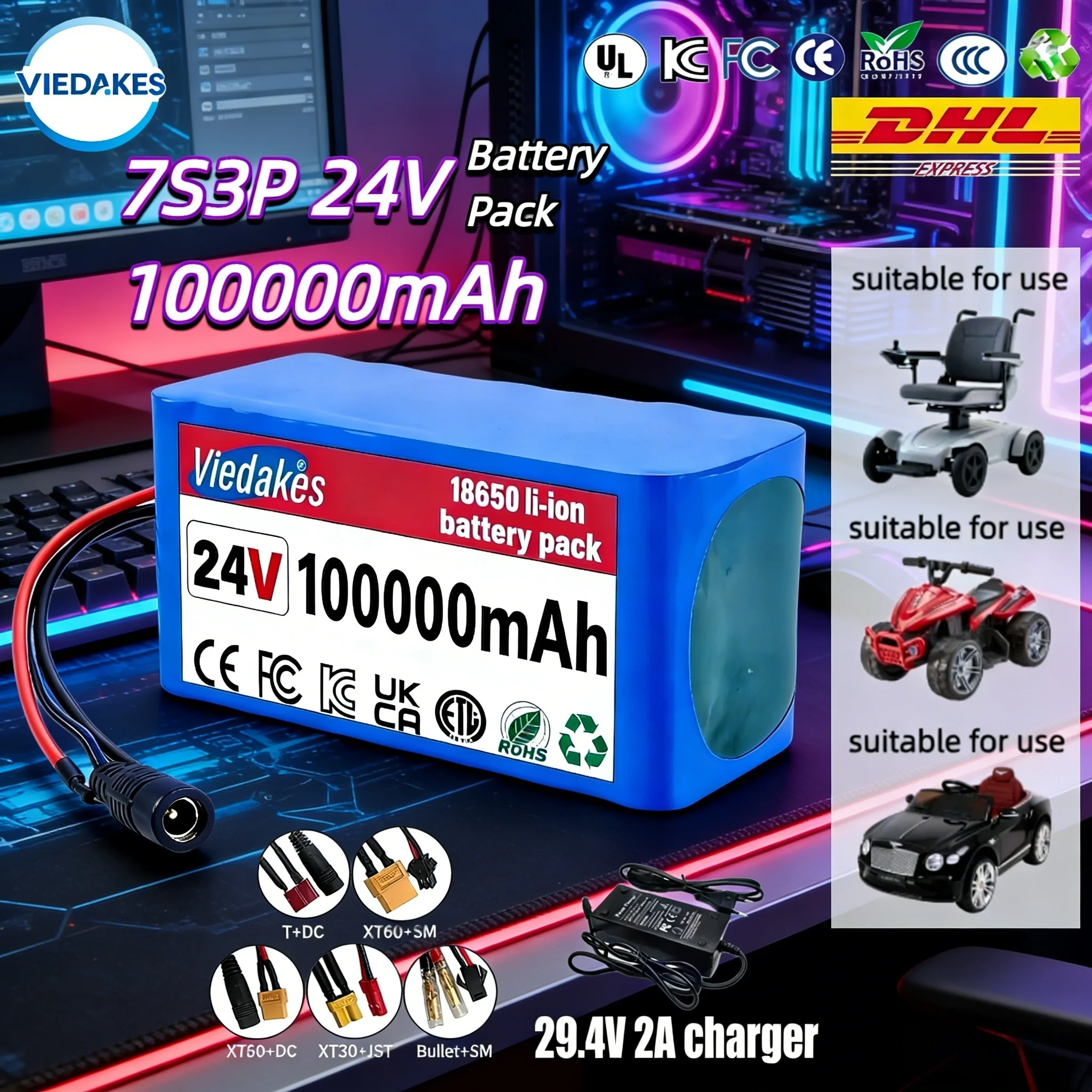 

29.4V 100Ah 7S3P 18650 Li-ion Battery for Electric Wheelchair Drill Toy Car Scooter