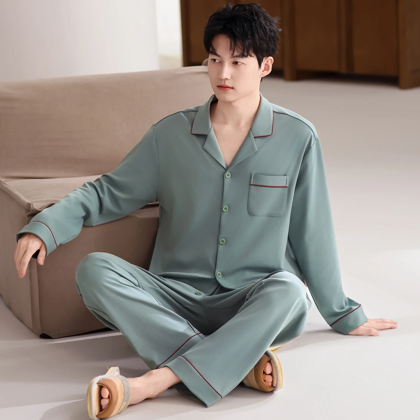 Autumn Pajamas Set Male Full Pure Cotton Sleepwear Home Clothing Long Sleeves Spring Cardigan Tops + Long Pants Leisure Pyjamas