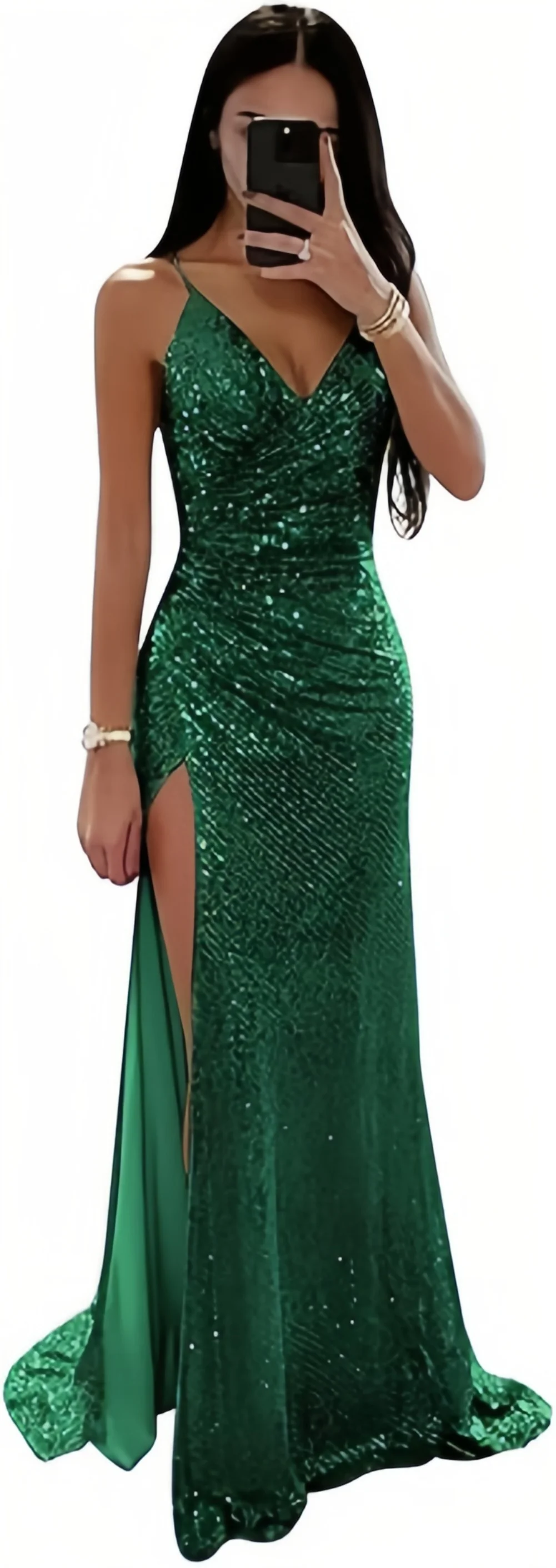 TSxuelian Women Sequin V-neck Mermaid Prom Dresses Long Spaghetti Straps Corset Formal Evening Dress High Slit Party Gown