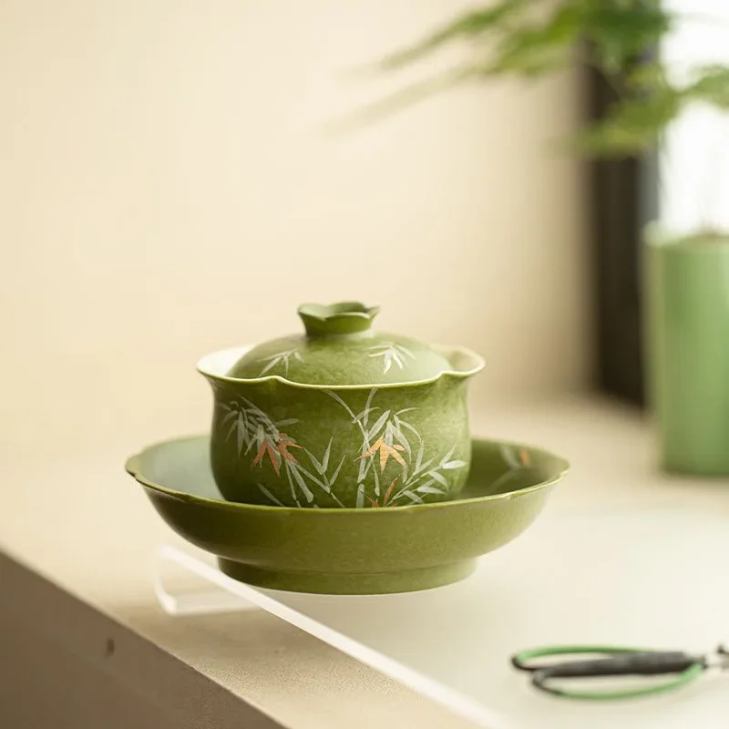 Rock Mine Bai Jingdezhen Ceramic Hand-painted Green Glaze Bamboo Shadow Cover Bowl Pot Bearing Small Delicate Stuffy Tea Bowl