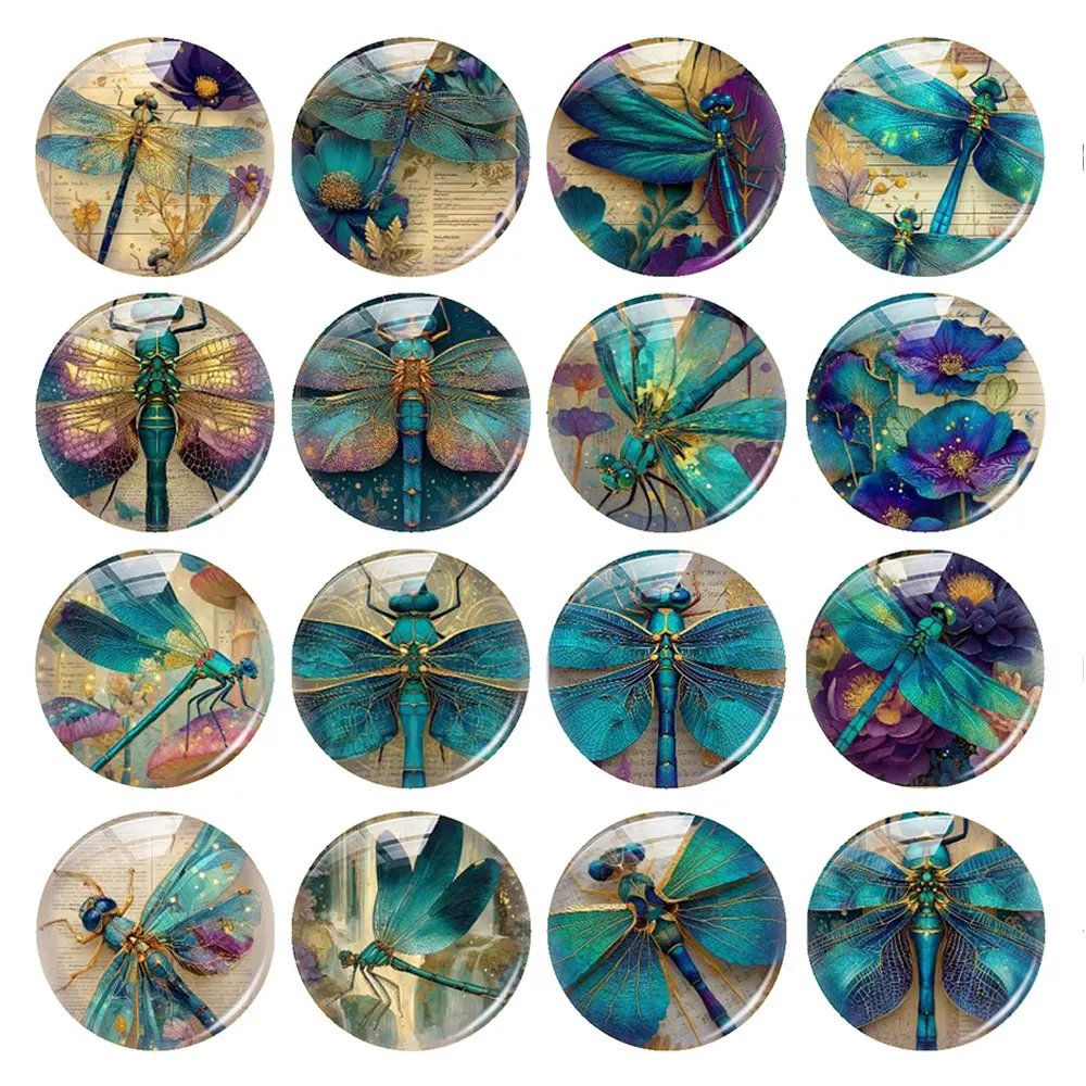 Random Mixed Round/Oval/Square Gilded Teal Dragonfly Floral Photo Glass Cabochon Flatback Demo Cameo For Diy Jewelry Making