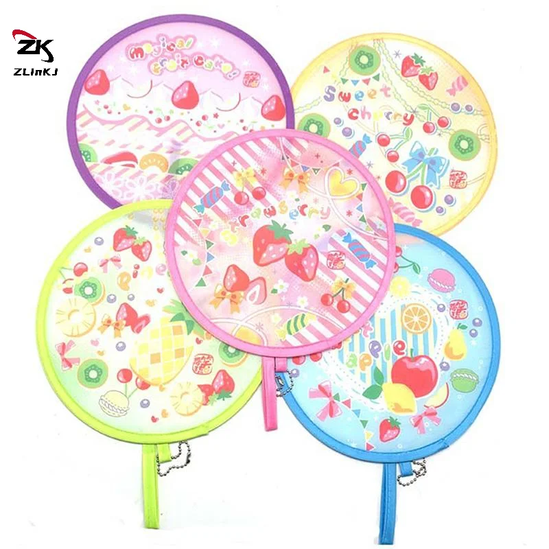 -Foldable Round Hand Fan Pastel Colorful Prints Portable Hanging Chain Compact Cooling Fan for Office Desk Indoor Use