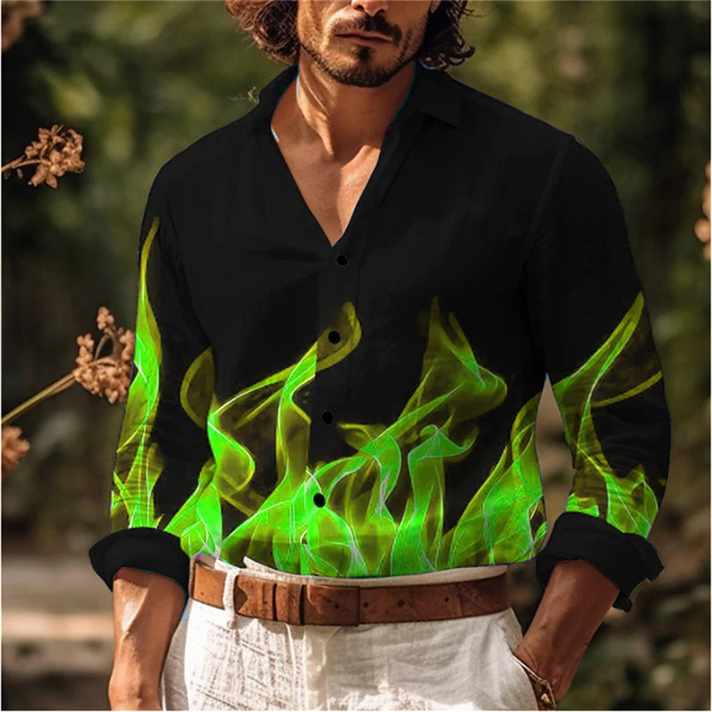 

2023 New Designer Fashion Popular Flame Blue Green Red Casual Outdoor Men's Top Button Lapel High Definition Pattern Plus Size