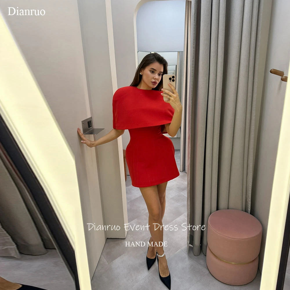 

Dianruo Vibrant Red Mini Prom Dress Modern Satin Cocktail Dresses High Slit Handmade Cape Sleeves Homecoming Dresses Customized