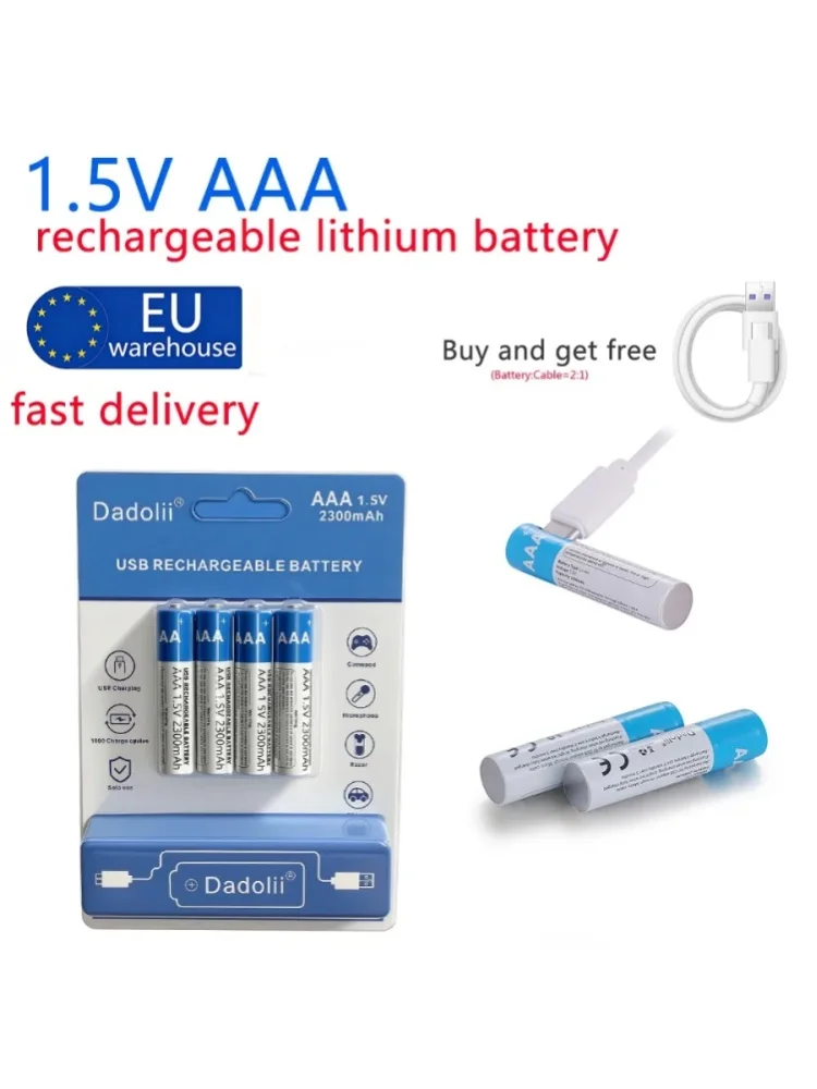USB AAA Li-Ionen Wiederaufladbare Batterie AAA 1,5V 2300mAh Lithium-Batterien mit 2-in-1 USB-Kabel für Spielzeug Kamera Taschenlampe + Typ-C-Kabel EU-Lager Schnelle Lieferung