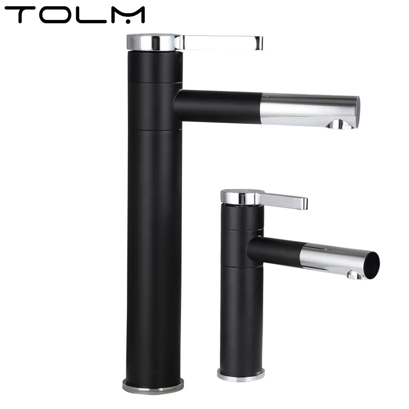 

TOLM New Black Bathroom Cold And Hot Vanity Basin Faucet Cold Hot 360° Swivel Spout Brass Taps Deck Mount Sink Faucets