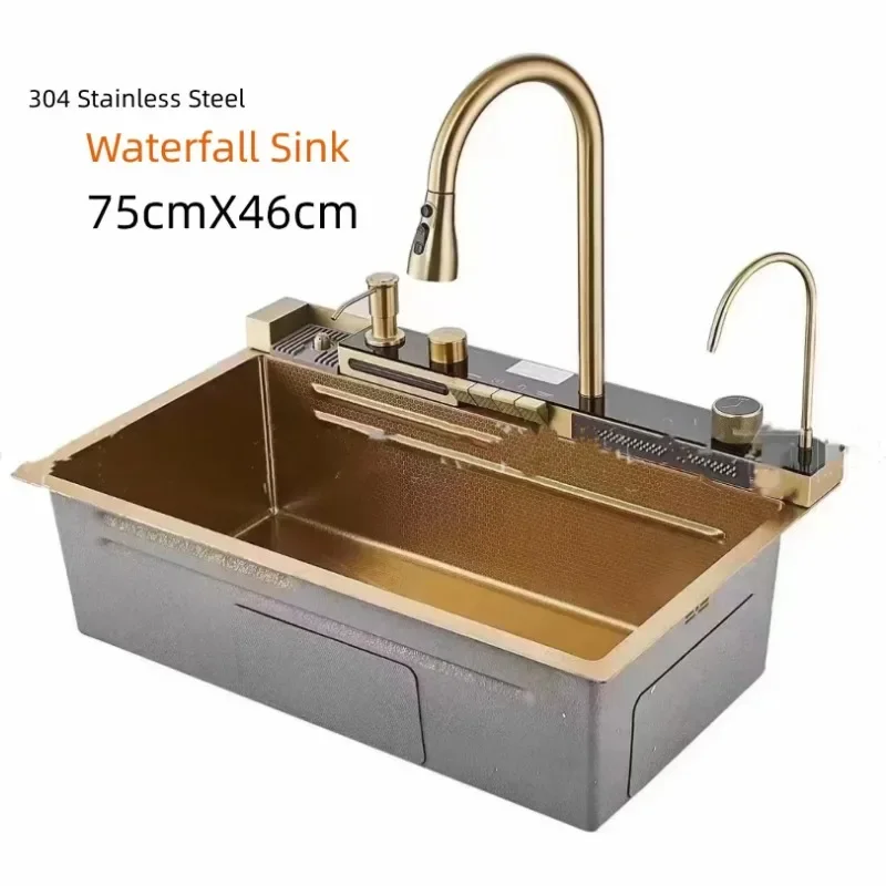 304 Stainless Steel Large Single Slot Multifunction Sink Anti-Scratch LED Digital Display Waterfall Kitchen Sink with Cup Washe