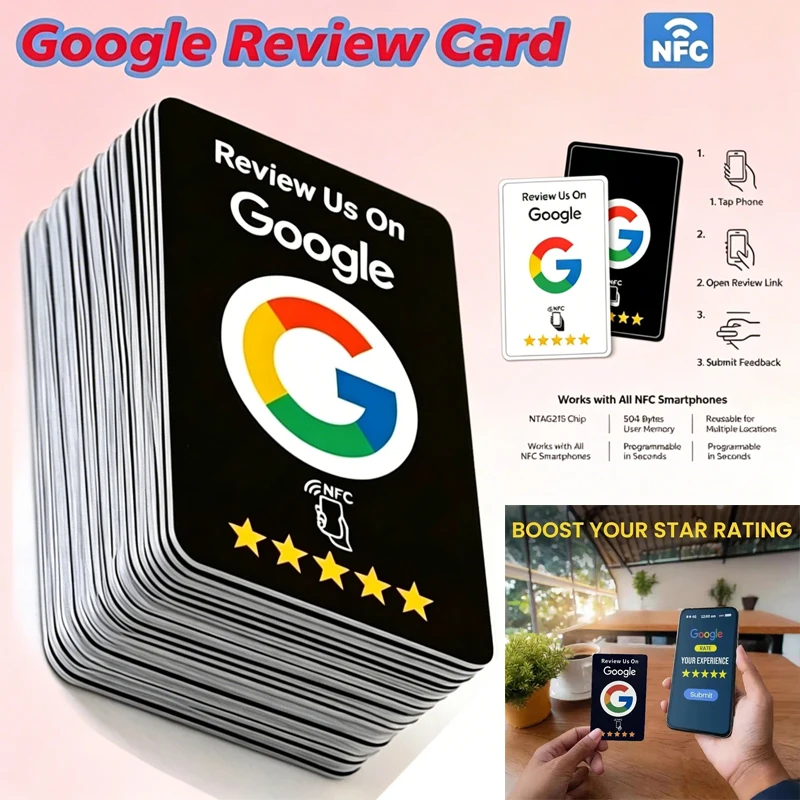 1-200Pcs Black Premium Wear‑Resistant *Matte Finish *Reusable Google Review Tap NFC Card Programmable NFC Tap Card User‑Friendly