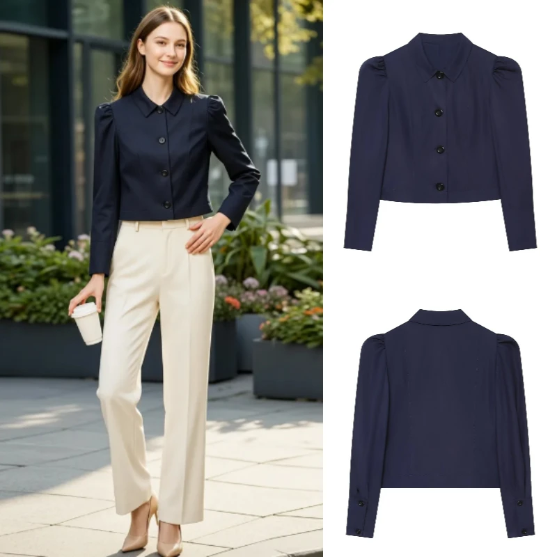 Women's Blazer 2026 Street Style Puff Sleeve Cropped Lapel Single Breasted Slim Fit Long Sleeve Short Jacket