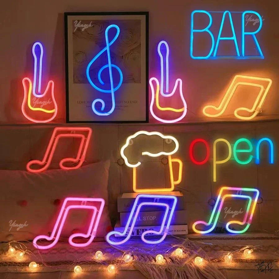 Neon Sign LED Music Note Neon Light Battery/USB Powered Colorful Neon Lamp Wall Mounted Music Bar Nightlight Decorative Table