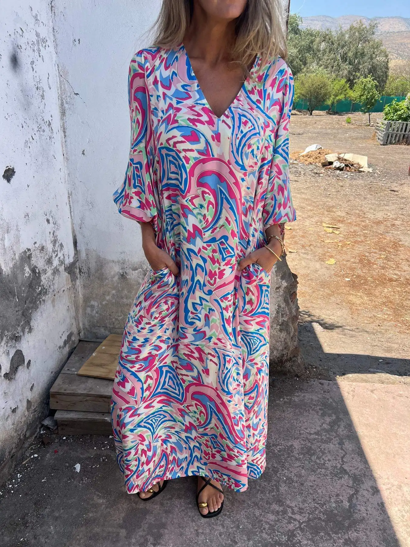 

Casual Boho Printed Long Dress For Women Spring Loose V-neck Long Sleeve Pocket A-line Dresses Fashion Lady New Commuting Robe