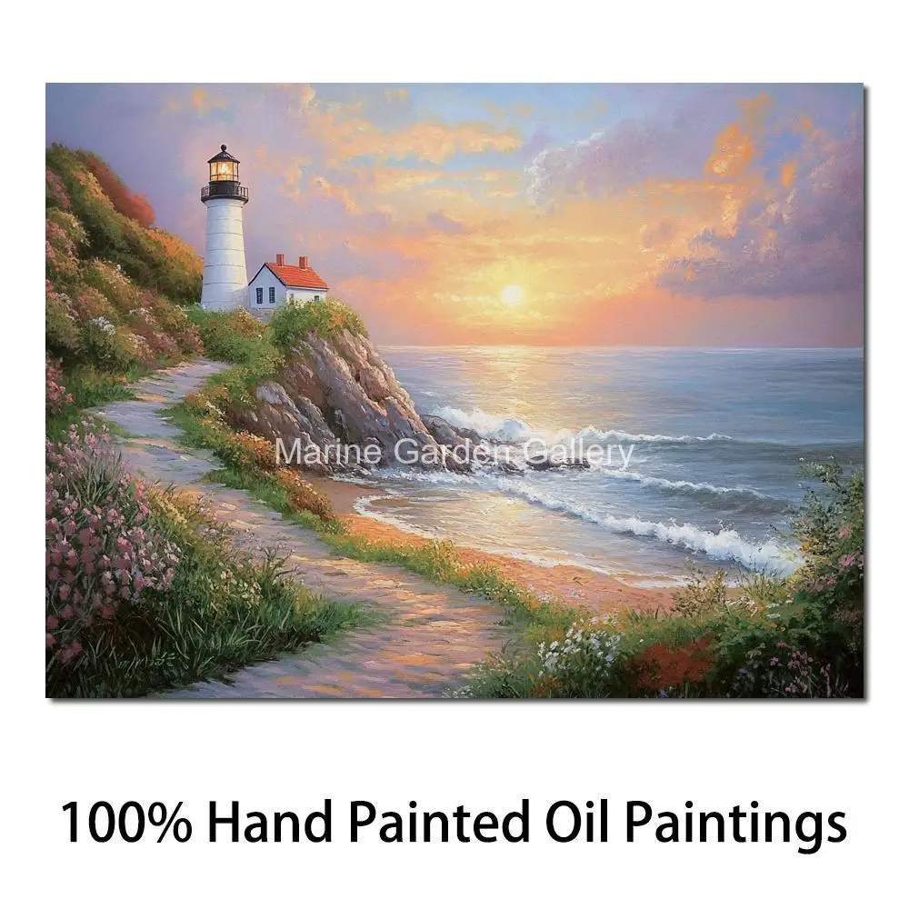 

Contemporary Seascape Canvas Art Handmade Oil Painting Modern Artwork Coastal Lighthouse Wall Picture Kitchen Home Office Decor