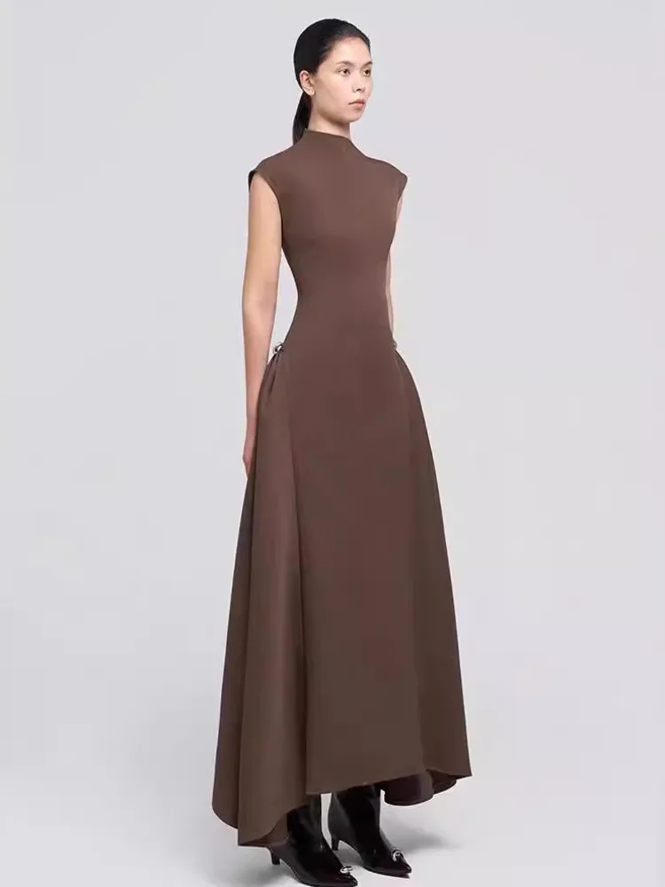 QMQA Fashion Women\'s Evening Elegant Dress Diagonal Collar Sleeveless Slimming Ankle-length Dresses 2025 New Clothing 1A255
