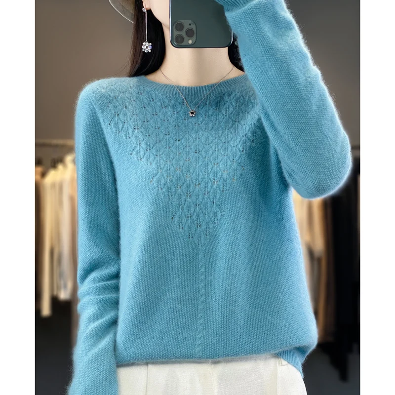 Suéter de cachemira de punto de manga larga para mujer, jersey de cuello redondo 100% puro, de primera línea, listo para usar, otoño e invierno, b