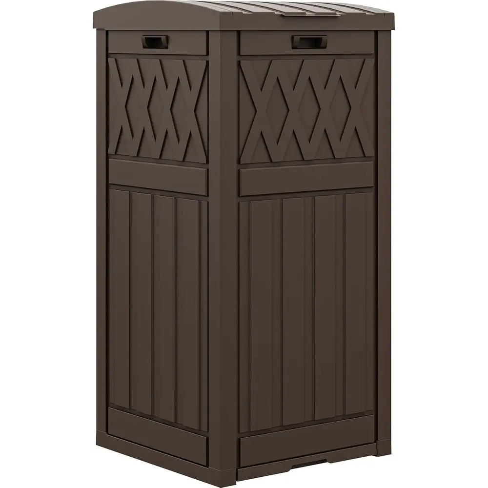

38 Gallon Resin Outdoor Trash Can with Tiered Lid, Drip Tray, Waterproof for Patio, Kitchen, Backyard (Brown)