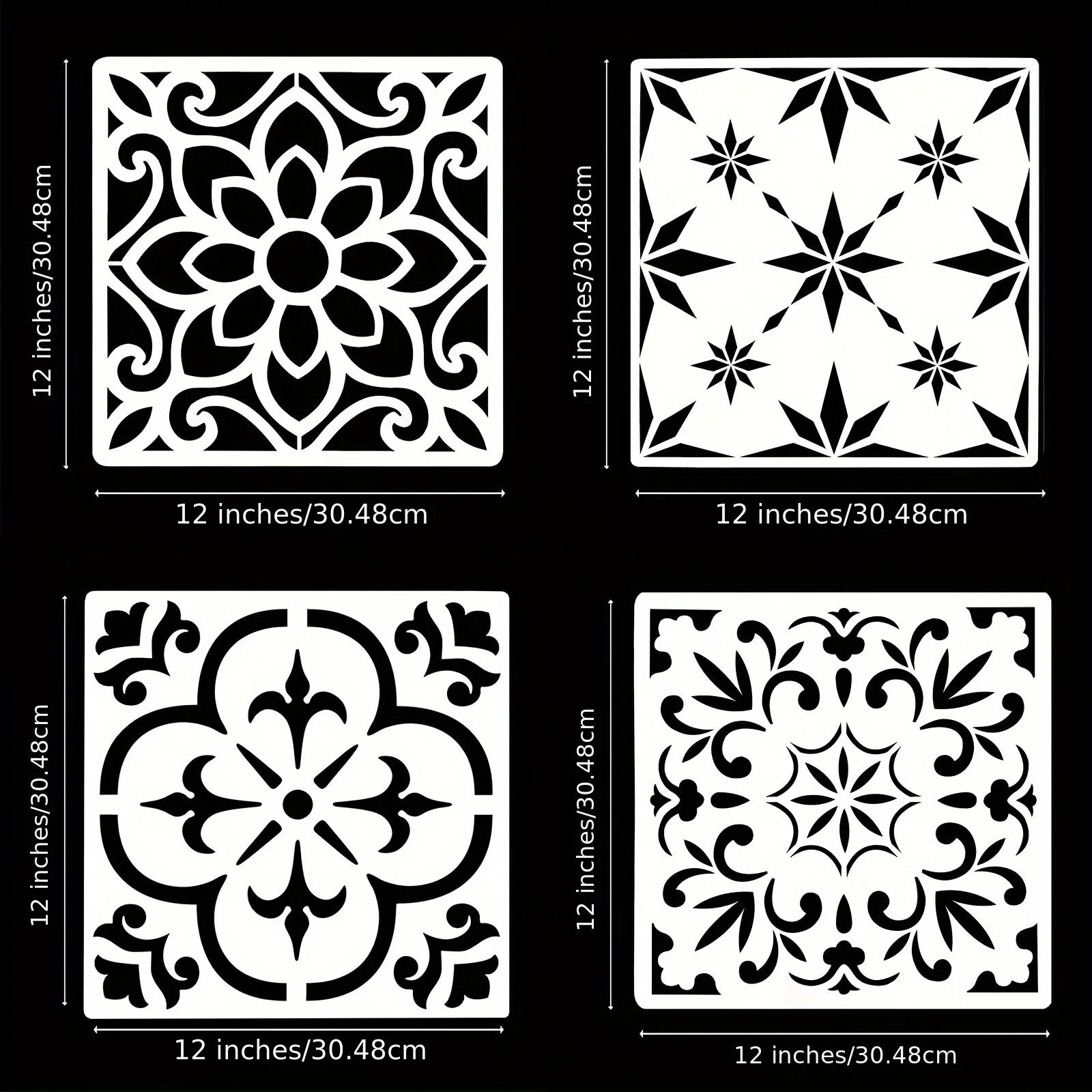 4 قطع استنسل بلاط مقاس 12 × 12 بوصة لطلاء أثاث الحائط على الأرض - مجموعة قوالب قابلة لإعادة الاستخدام بنمط ماندالا المكسيكي