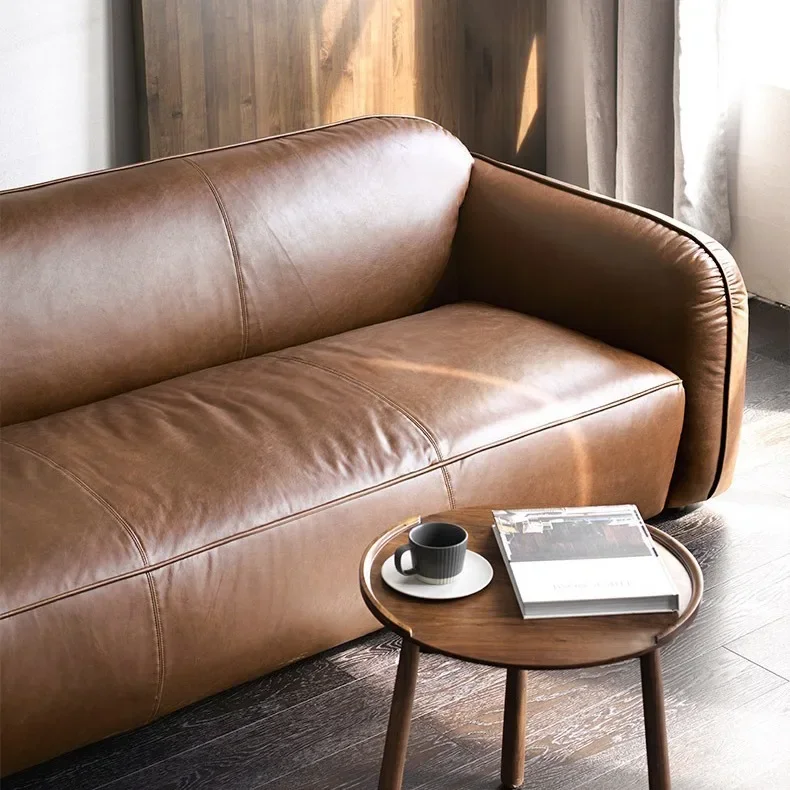 

All leather sofa small apartment first layer yellow cowhide living room middle ancient Nordic minimalist Italian retro