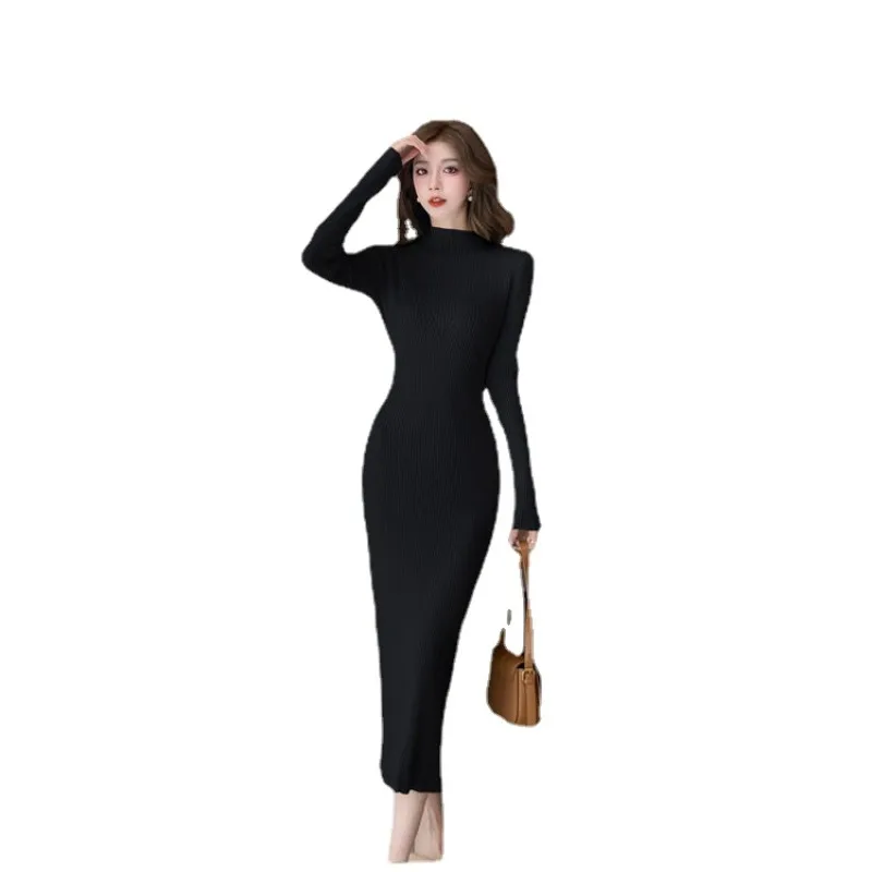 French Long-sleeved Knitted Dress Half High Neck Slim Sweater Maxi Ribbed Purple Bodycon Skirt Formal Occasions Elegant Gowns image 6