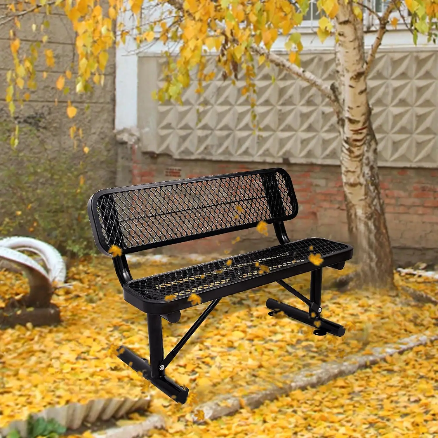 4ft Heavy Duty Park Bench with Back, Portable Steel Frame & Expanded Mesh, Outdoor Lawn Garden Patio Seating, Black, Customized