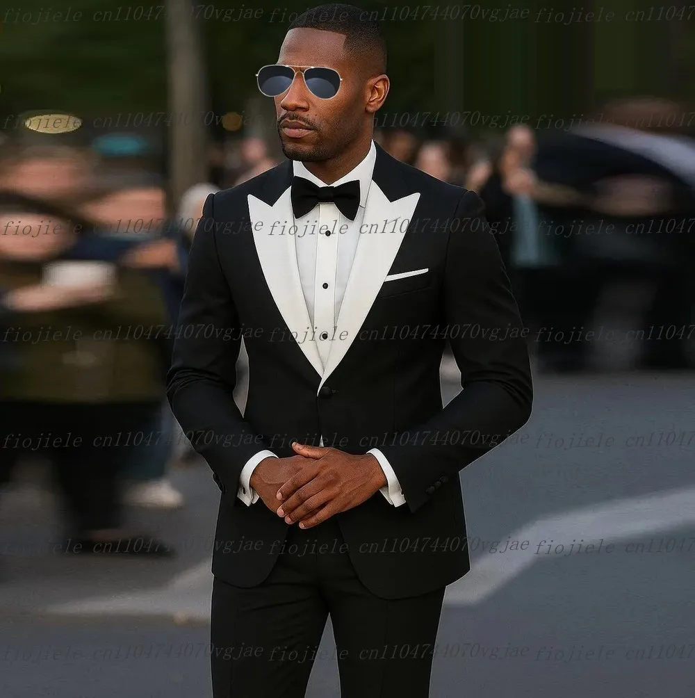 

New White Collar And Black Men Suit Formal Wedding Party Groom Groomsman Business Prom Male Tuxedos 2 Piece Set Jacket Pants