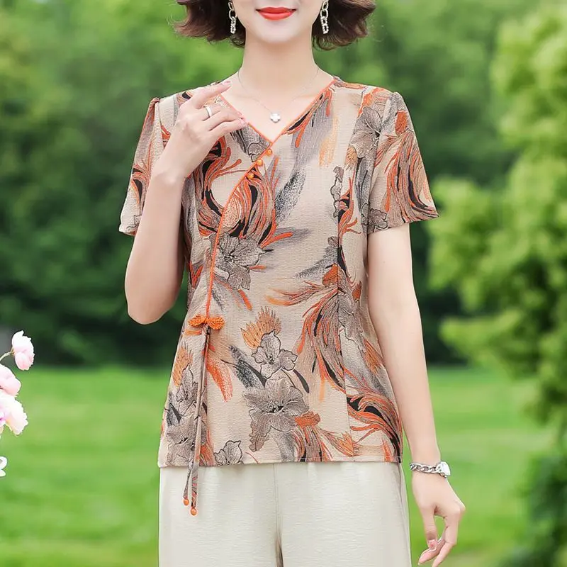 

Elegant Button Lace Up Beading Printed Vintage Blouses Women's Clothing 2025 Summer New Loose All-match Tops Office Lady Shirts