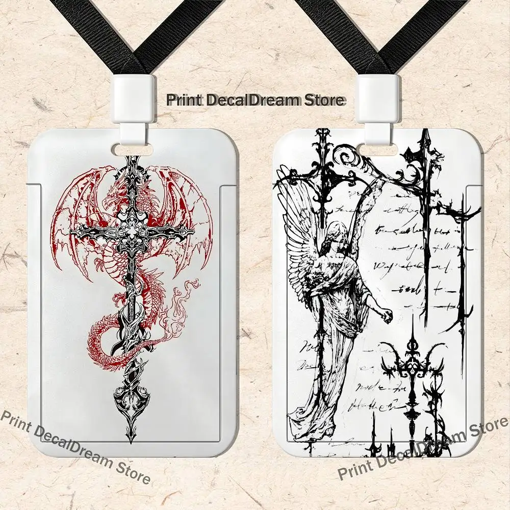 Gothic Cyber Sigil Cross Eyes Skull Art Card Holder Lanyard Camera Neck Strap Credit Card Case ID Badge Credentials Protection