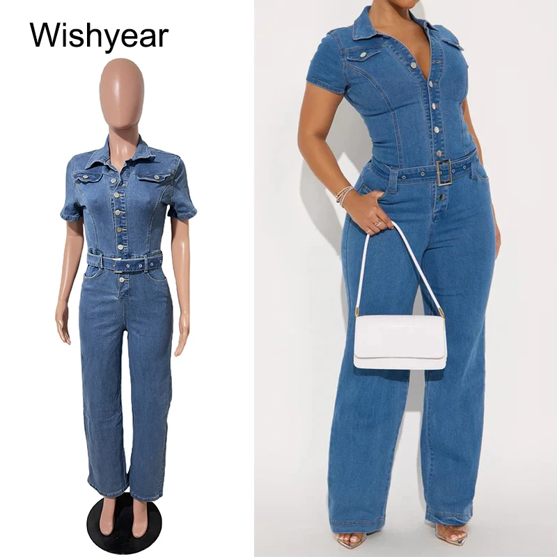 

Women's Slim Fit Blue Denim Jeans Short Sleeve Belt Jumpsuit Fashionable Workwear Street Style One Piece Romper for Fall Winter