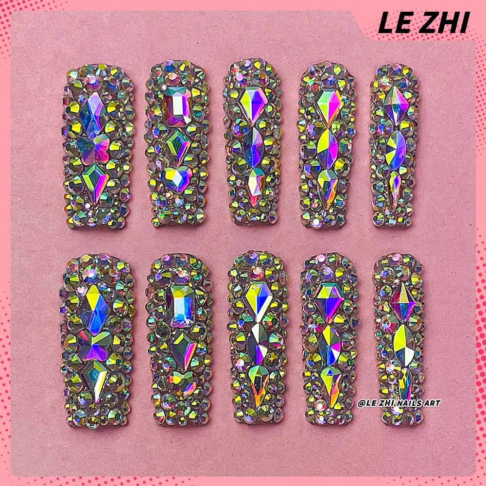 

Hot Sale 3D Quadrate AB Diamond Fully-drilled Fake Nails Luxury Handmade Customizable Press on Nail Glisten Woman Party Gift