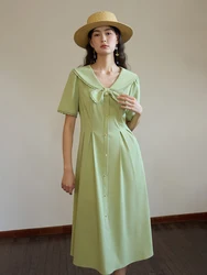DUSHU ใ2 ColorsใSweet Peter Pan Collar Design Women Single Breasted Dress Green Short Sleeve Mid-Calf A-LINE Skirt 24DS82275