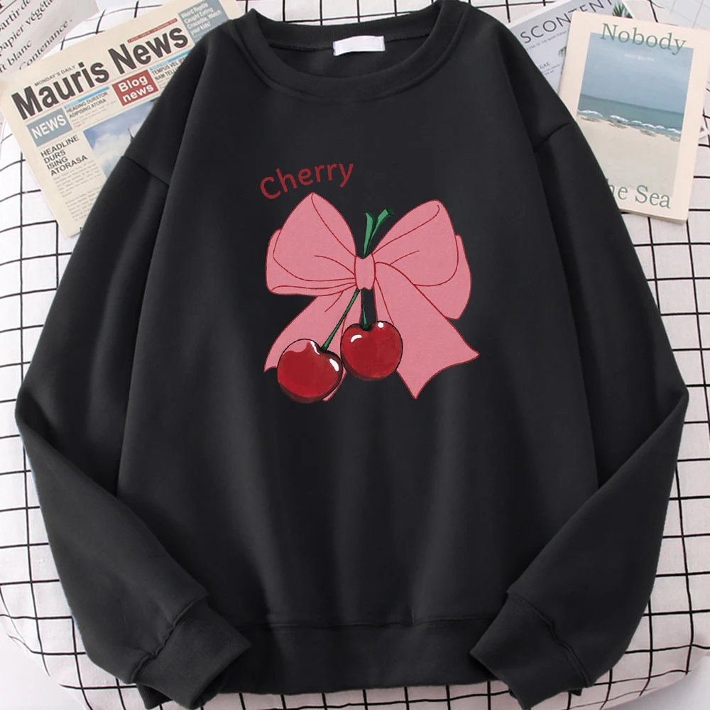 

Bow Cherry Cartoon Print Female Sweatshirt Oversized Casual Pullovers Hip Hop Crewneck Clothing Comfortable Autumn Streetwear