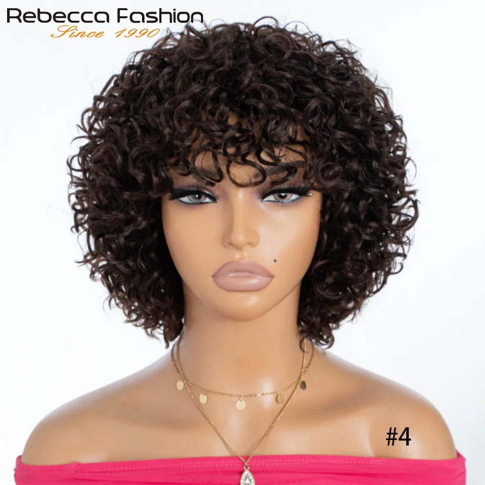 

Парик из натуральных человеческих волос Rebecca Short Pixie Bob с челкой, без клея, естественный вид, волнистые локоны и мелирование, машинная работа