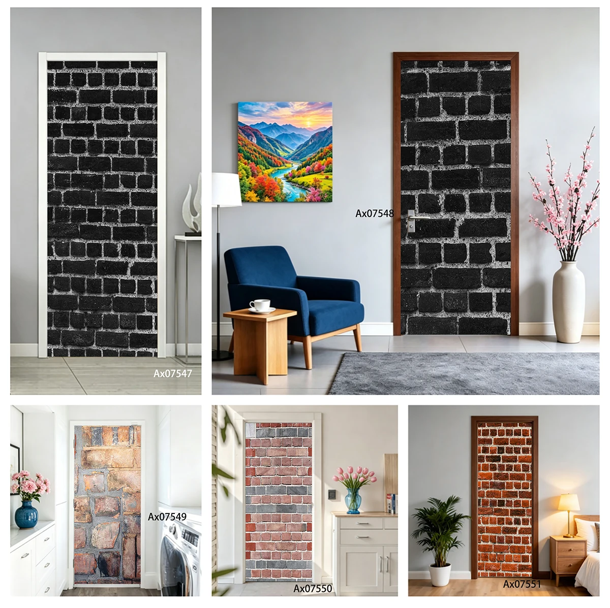 Vintage Brick Wall Door Decal Waterproof Removable Black Brick Texture Print Home Interior Entryway Door Wall Art Decor