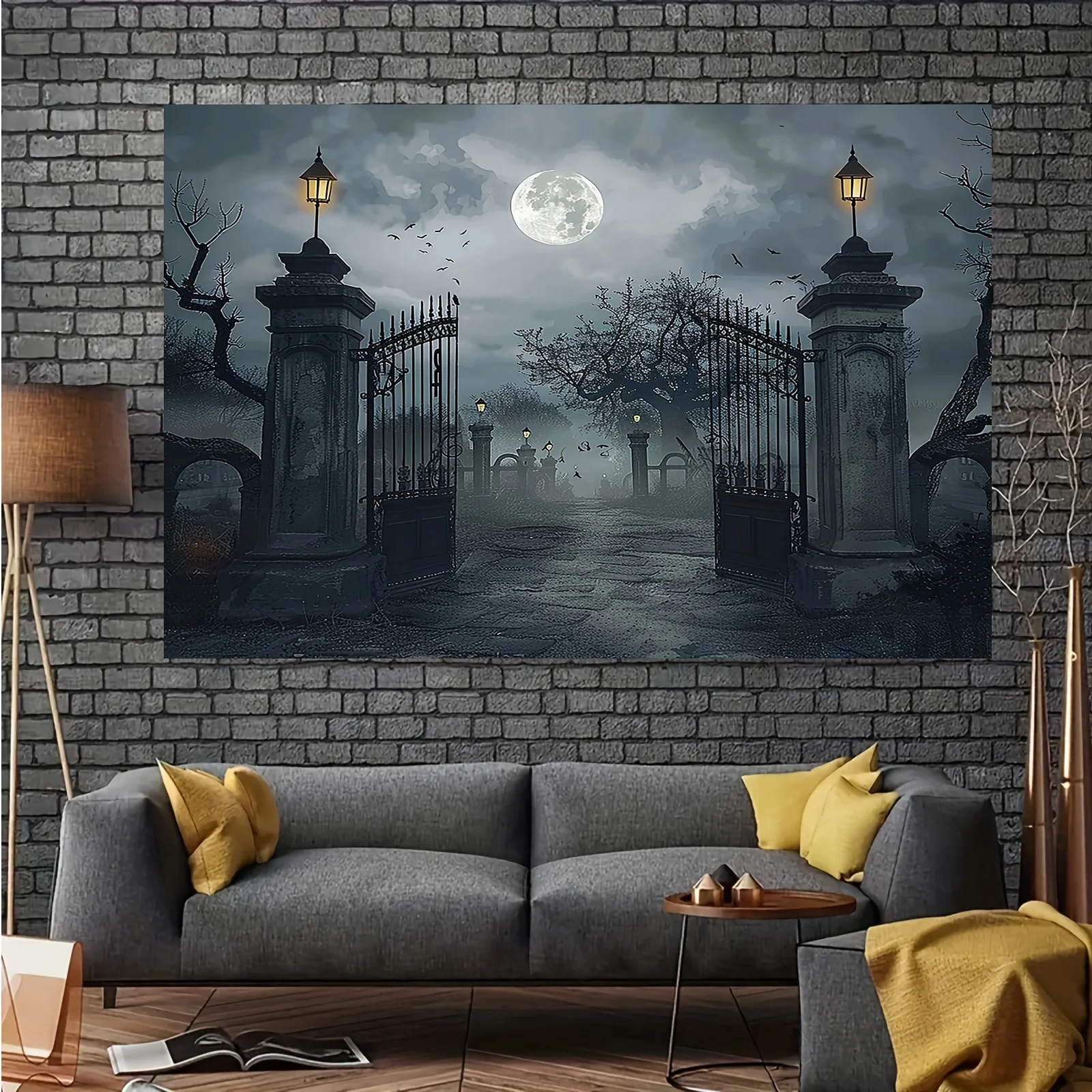 Halloween Background Banner - Ghost Cemetery with Full Moon and Bare Trees