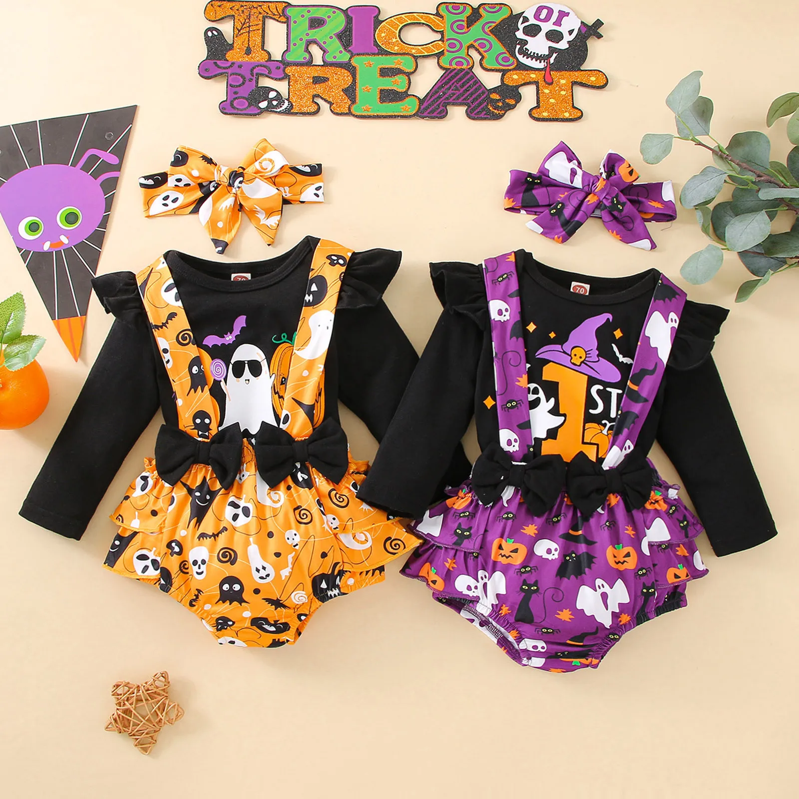 3Pcs Infant Girls Clothes Sets Pumpkin Print Long Sleeve Tops+Suspenders Shorts+Headbands My First Halloween Costume 3 6 12 18M